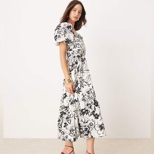 Abercrombie & Fitch Emerson Black White Floral Short Sleeve Midi Dress XL Tall